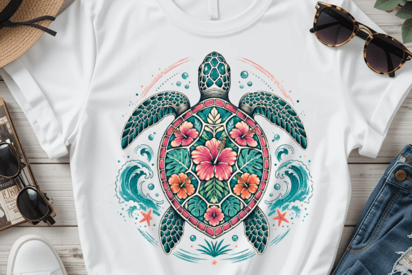 Sea Turtle Floral Summer Graphic PNG for Vibrant Designs